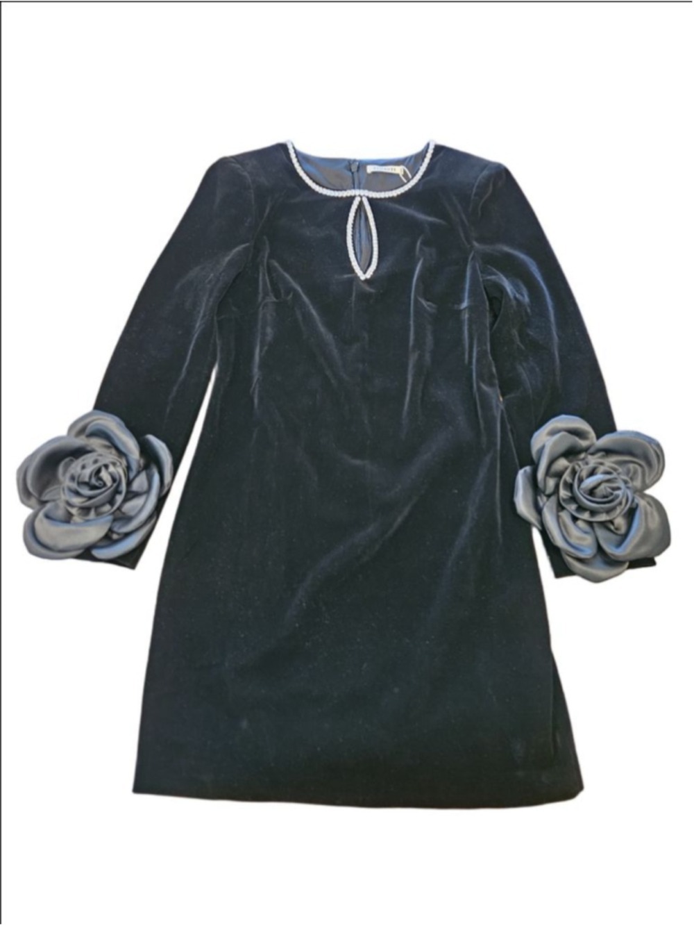 Women's FEHAUTE NWT Black Velvet Mini Dress Rhinestone & 3D Floral Cuffs, Size 4 - Picture 15 of 15